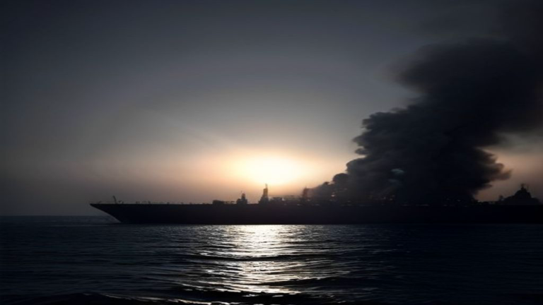 Warship silhouetted against a glowing sky with black smoke rising behind it