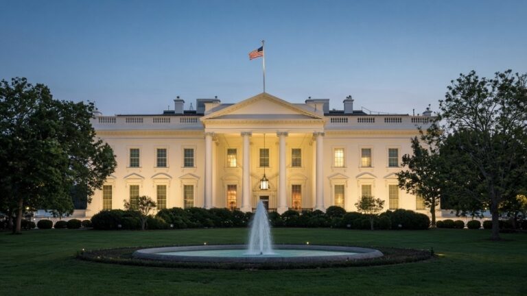 White House north facade at dusk with flag, fountain and lawn