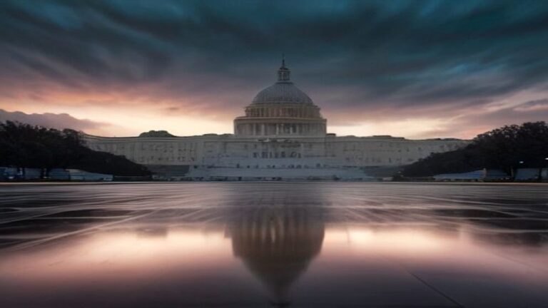 U.S. Capitol dome at dusk reflected in wet pavement under dramatic clouds