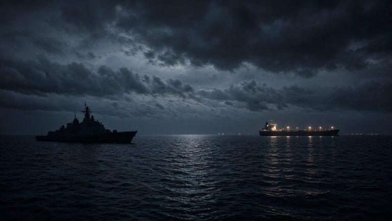 Warship and a lit tanker on a dark sea under stormy night clouds