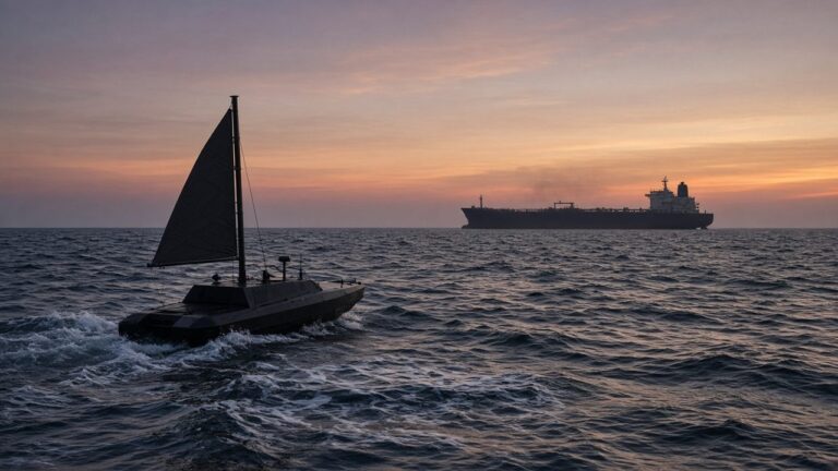 Sail-powered drone boat on choppy water with a tanker behind at sunset