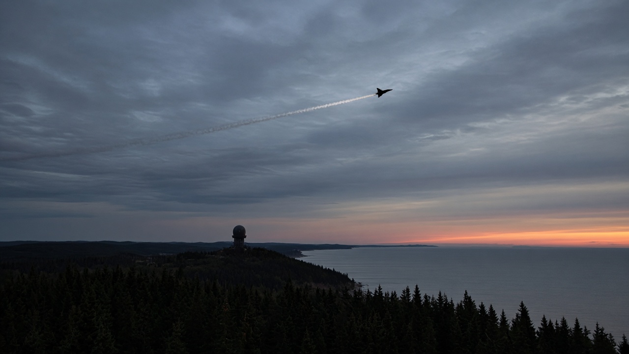 Fighter jet leaving a contrail over a dark forested coast with a radar dome at dusk