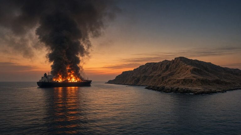 Cargo ship on fire with black smoke off a rocky island at dusk