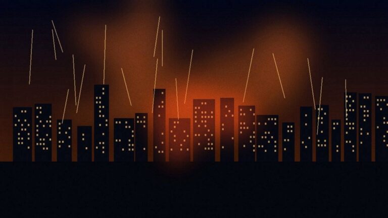 Night city skyline with orange fire glow on the horizon and dark apartment silhouettes