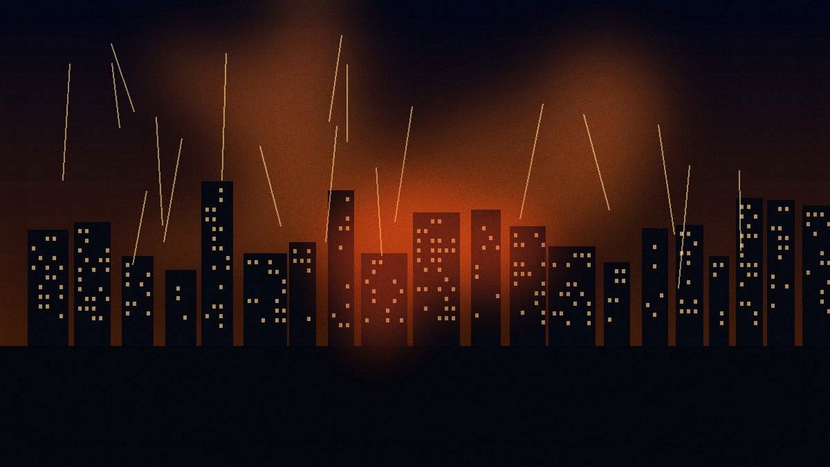 Night city skyline with orange fire glow on the horizon and dark apartment silhouettes