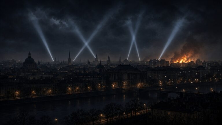 Night city skyline with searchlight beams crossing the sky and a fire burning in the distance