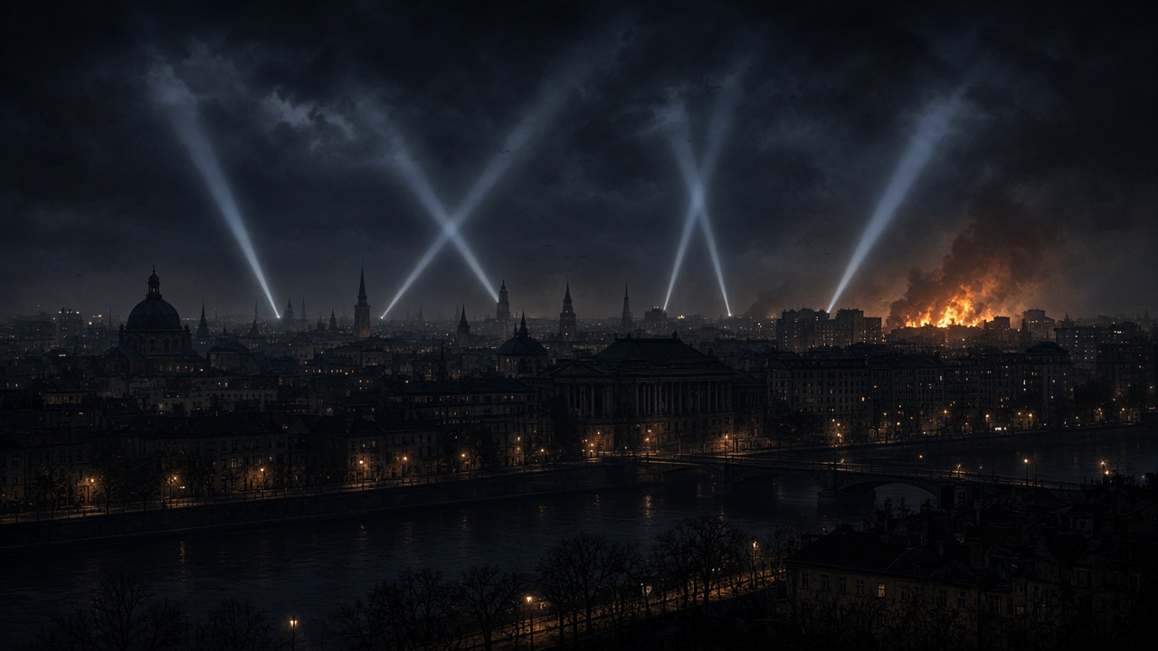 Night city skyline with searchlight beams crossing the sky and a fire burning in the distance