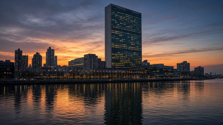 Tall glass UN-style headquarters tower beside a river at sunset