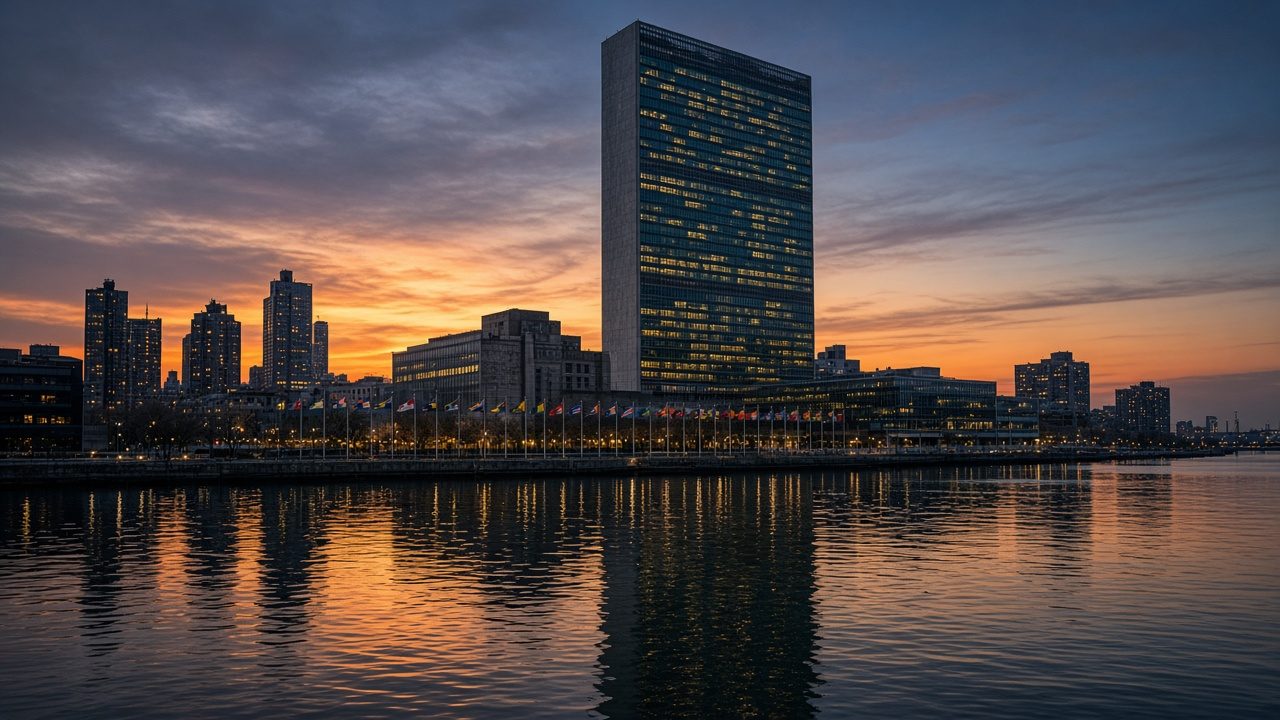 Tall glass UN-style headquarters tower beside a river at sunset