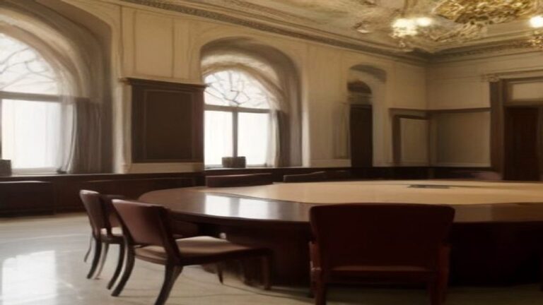 Formal meeting room with a large round table, wooden chairs and arched windows