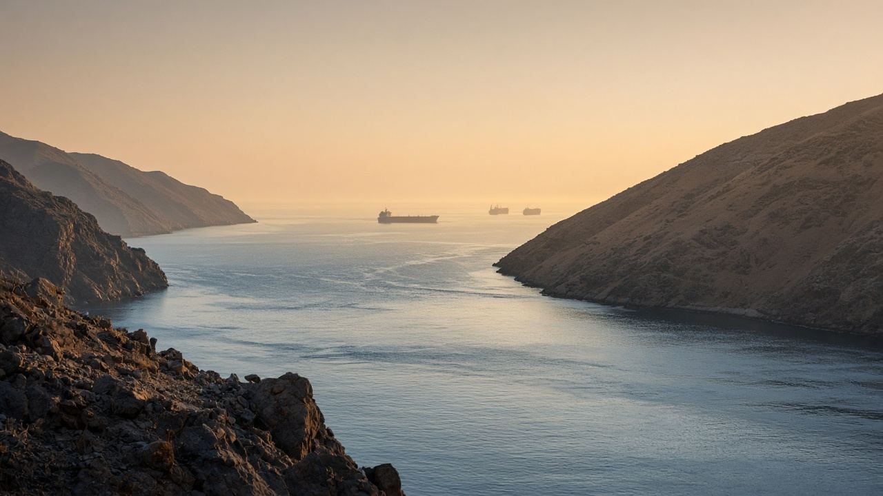 Narrow sea strait between rocky cliffs with tankers on the horizon at dawn