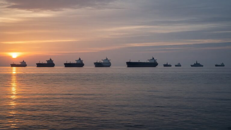 Row of cargo ships and tankers waiting at anchor on the horizon at sunset