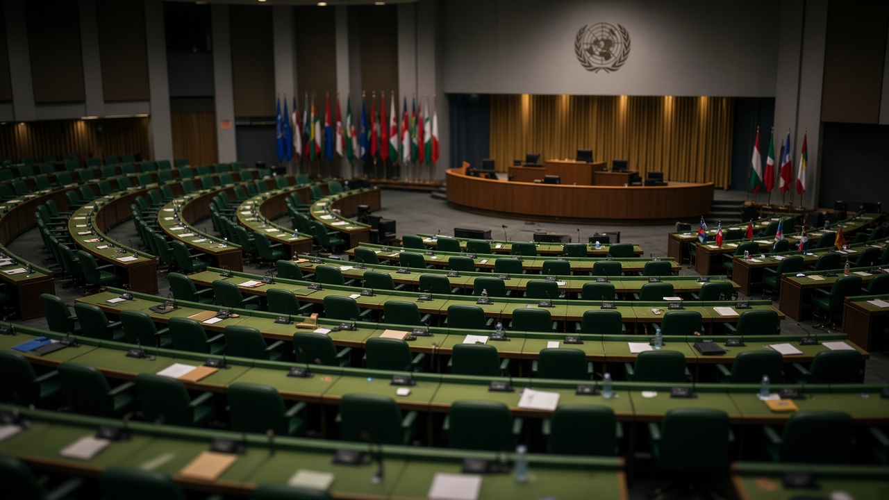 United Nations assembly hall with green desks, national flags and the UN emblem
