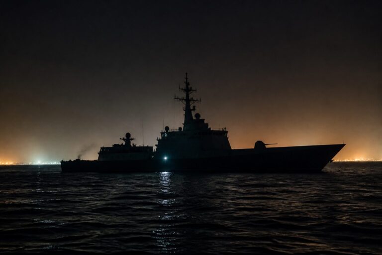 Warship silhouetted on a dark sea against an orange glow on the shoreline at night