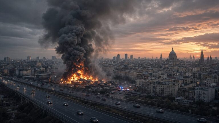 Huge fire and black smoke rising beside a highway at the edge of a domed city at dusk