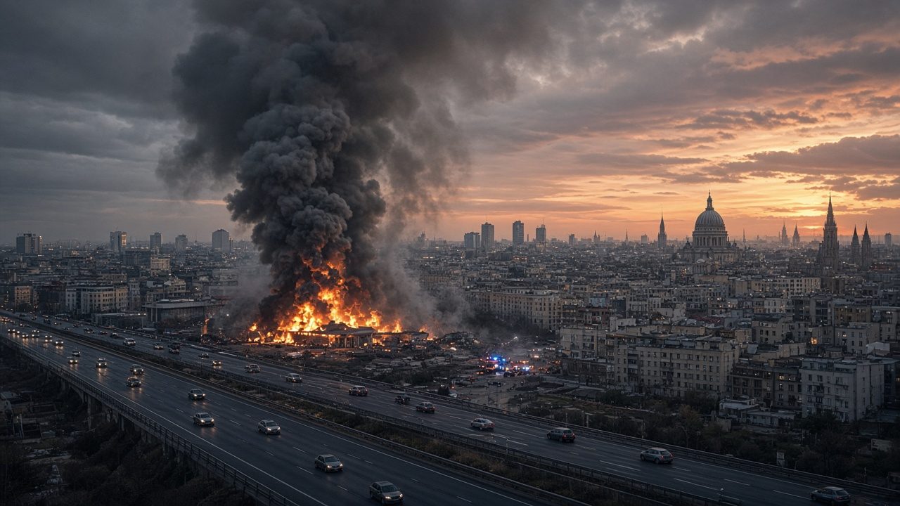 Huge fire and black smoke rising beside a highway at the edge of a domed city at dusk
