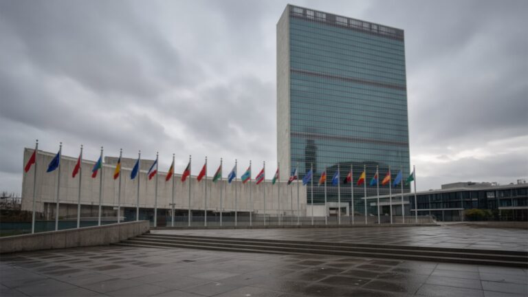 UN headquarters tower in New York behind a long row of national flags under a cloudy sky
