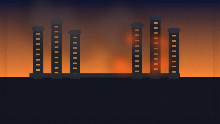 Industrial refinery towers at dusk with smoke plumes against an orange sky