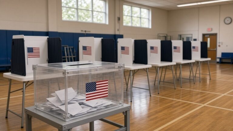 School gym polling place with voting booths and a clear ballot box in the foreground