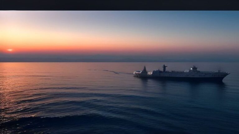 Warship sailing on a calm sea at sunset