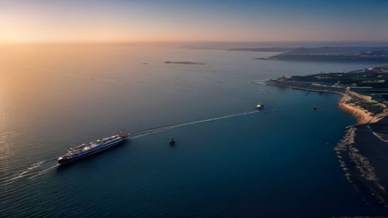 Cruise-style ship sailing from a coastline across a calm bay at dusk
