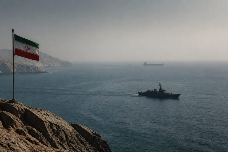 Iranian flag on a rocky headland above a strait with a warship and tanker