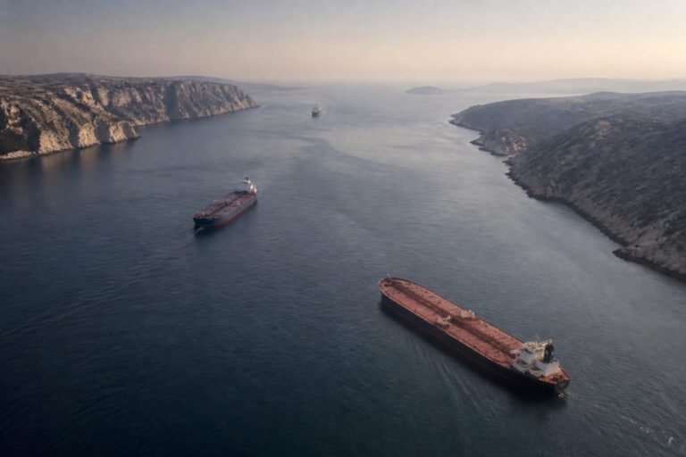Two tankers sailing through a narrow strait between rocky coastlines