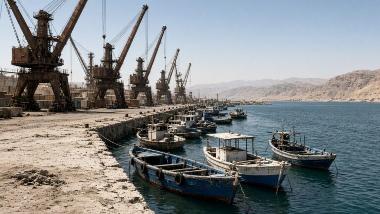 Harbour with cranes and small fishing boats moored along a quay, dry hills behind