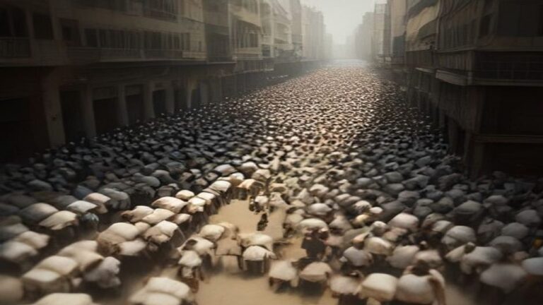 Vast crowd filling a long city avenue between tall buildings