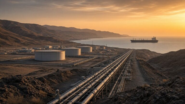 Oil pipelines running to coastal storage tanks with a tanker offshore at sunset