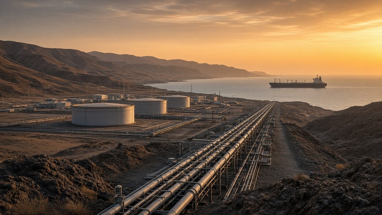 Oil pipelines running to coastal storage tanks with a tanker offshore at sunset
