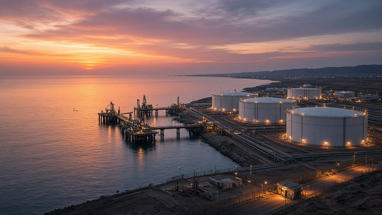 Coastal oil terminal with white storage tanks and a lit loading jetty at sunset