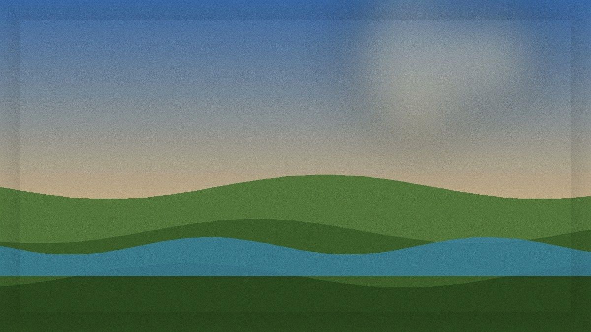 Sunlit river valley between green hills under a clear blue sky