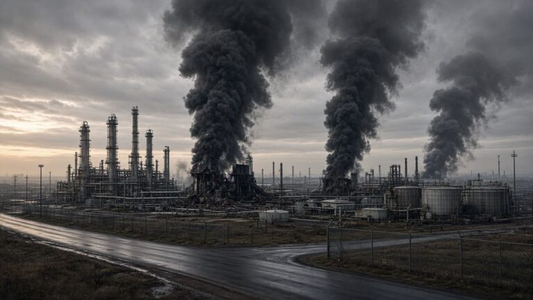 Thick black smoke pouring from a burning oil refinery beside a wet road