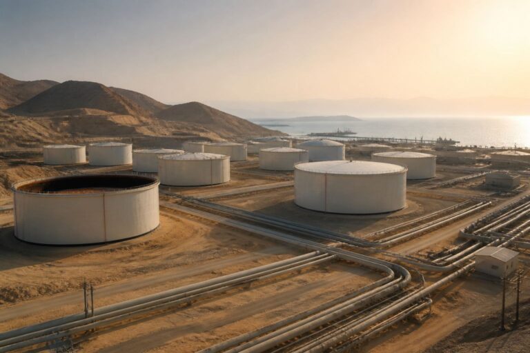 White oil storage tanks and pipelines at a coastal desert terminal