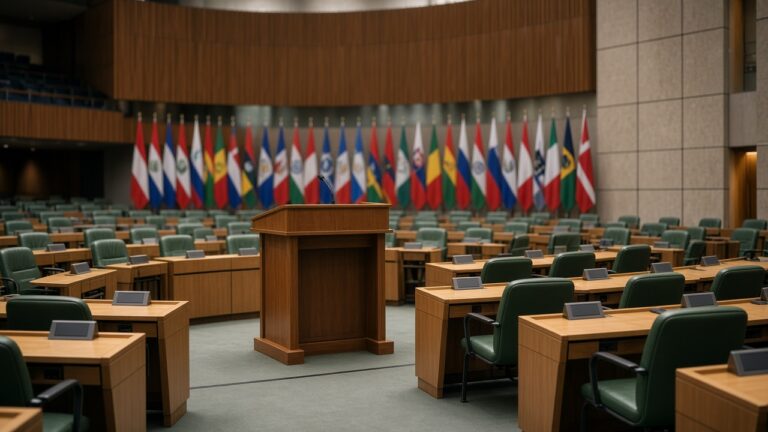 Empty conference hall with wooden desks, a lectern and a row of national flags