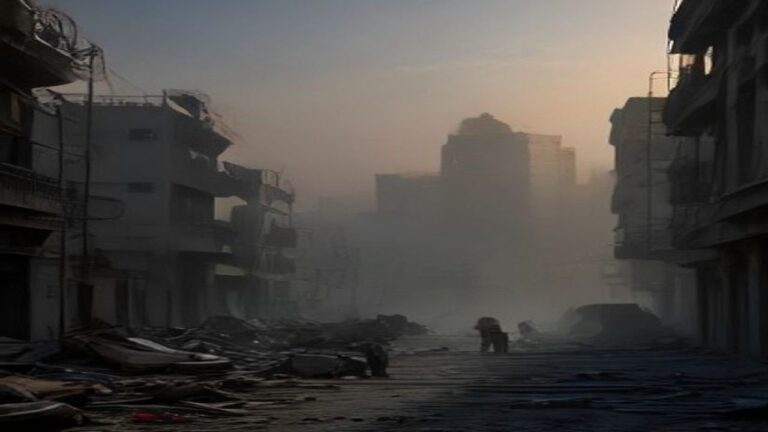 Rubble-strewn street between collapsed and damaged buildings in dusty haze