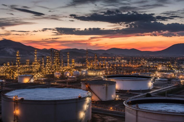 Oil refinery and storage tanks lit up at dusk below mountains