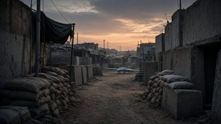 Dusty alley lined with sandbags and concrete blast walls at a fortified outpost at dusk