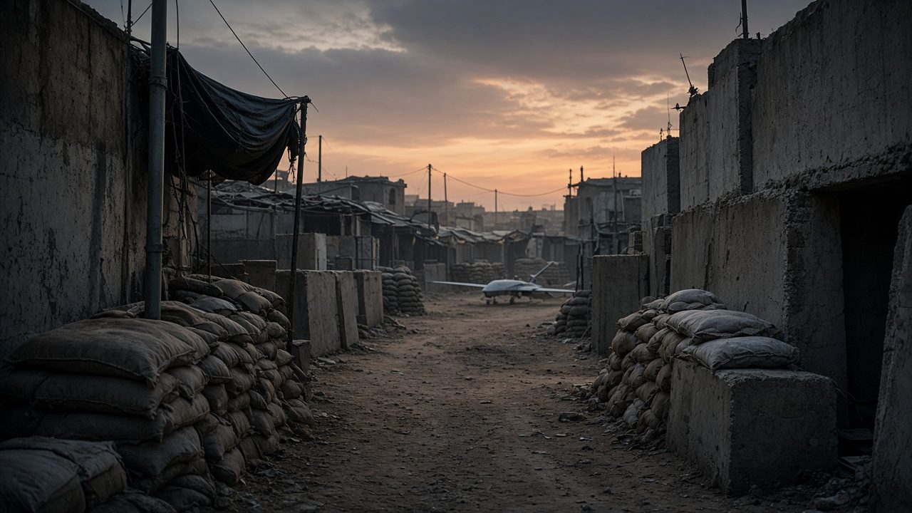 Dusty alley lined with sandbags and concrete blast walls at a fortified outpost at dusk