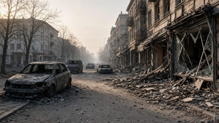 Burned-out cars and rubble in a street of damaged apartment buildings