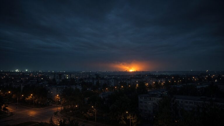 Orange blast glow on the horizon over a darkened city at night