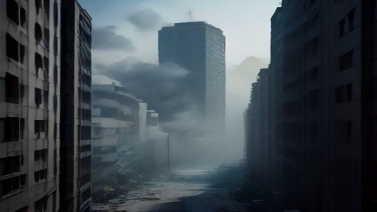 Smoke drifting between high-rise apartment towers in a city