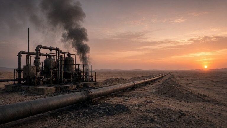 Oil pipeline and pumping station in the desert with black smoke at sunset