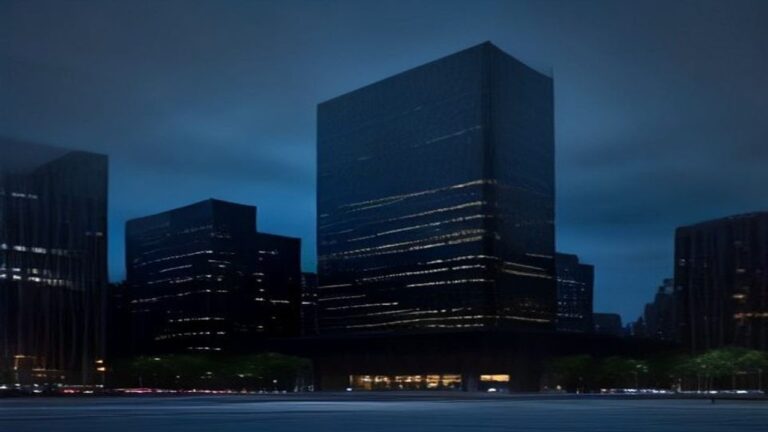 Dark glass office towers lit against a deep blue night sky