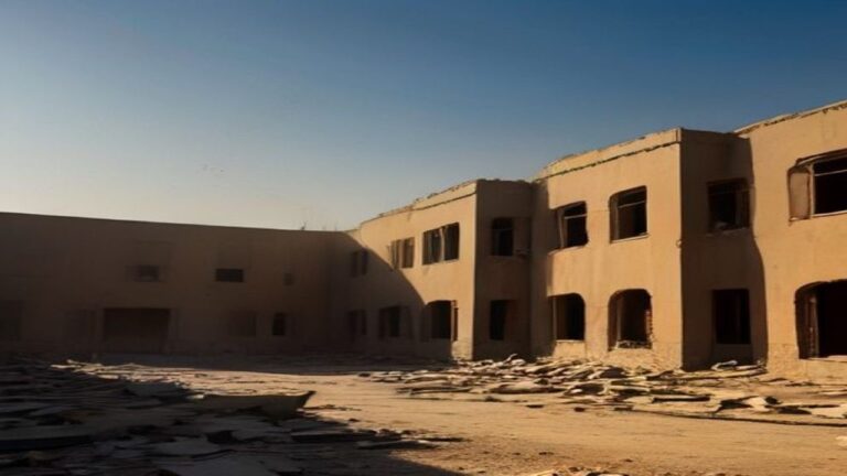 Damaged two-story sandstone building with broken windows and rubble at sunset