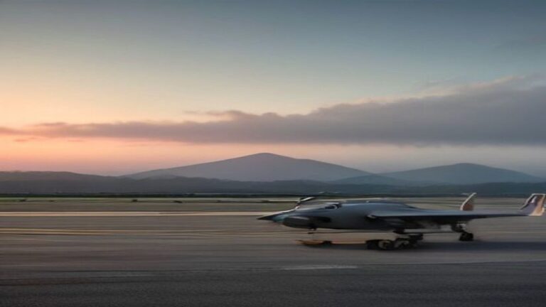 Grey drone aircraft on a runway with mountains behind at dusk