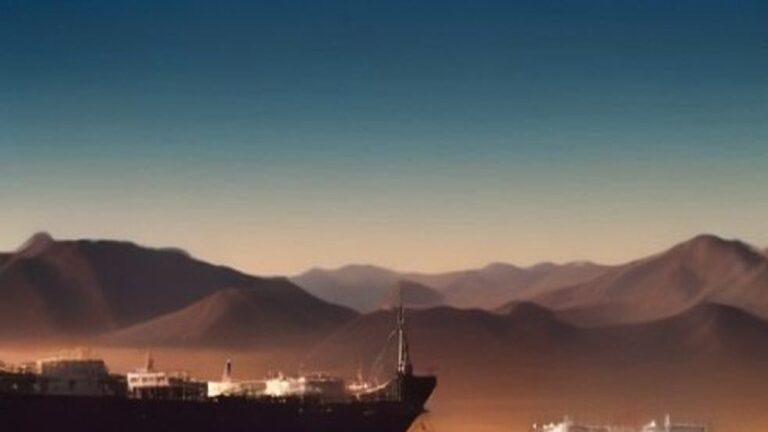 Tanker ships at anchor below brown mountains at dusk
