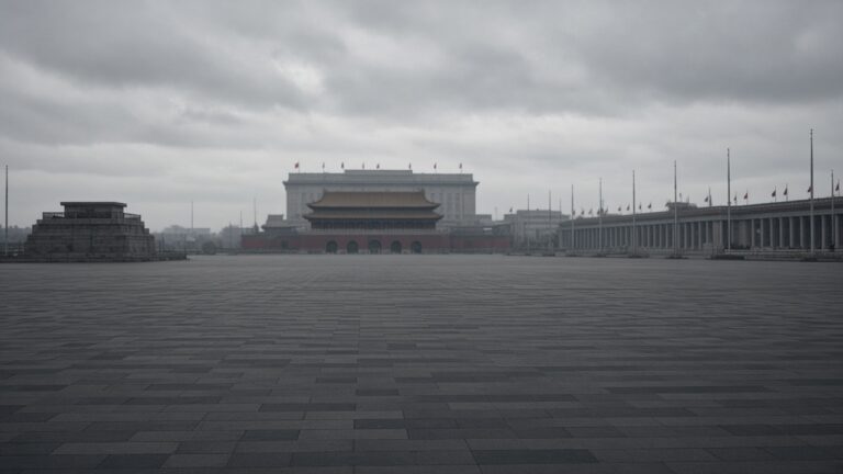Vast empty stone plaza before Chinese government buildings under a grey sky