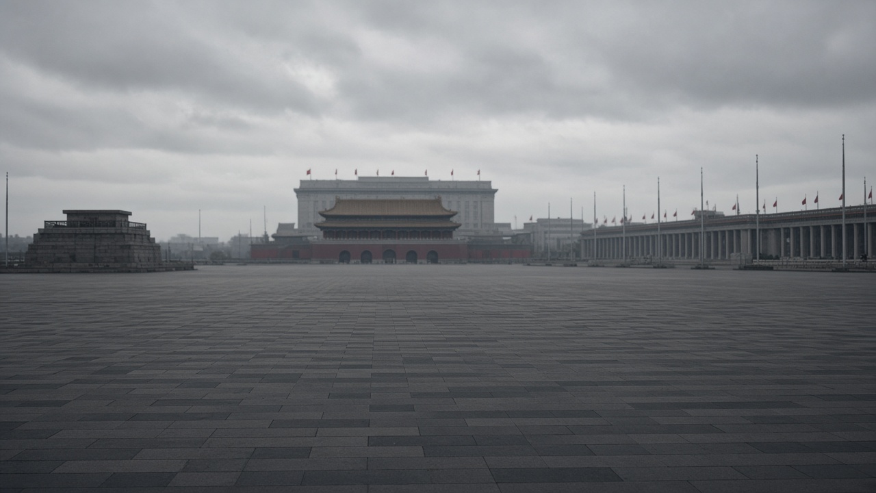 Vast empty stone plaza before Chinese government buildings under a grey sky